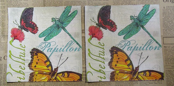 Paper Napkins (Pack of 2) Red Orange Green Butterfly and Dragonfly Papillon