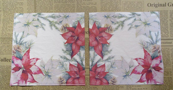 Paper Napkins (Pack of 2) Pastel Poinsettia Red and Green