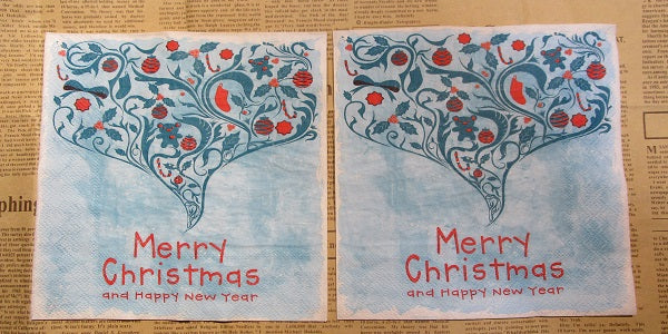 Paper Napkins (Pack of 2) Merry Christmas Blue Swirls Holly Baubles