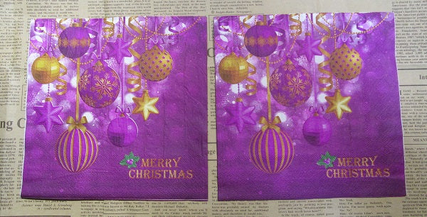 Paper Napkins (Pack of 2) Merry Christmas Purple and Gold Baubles