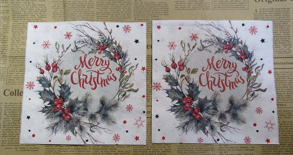 Paper Napkins (Pack of 2) Merry Christmas with Wreath Holly Berries