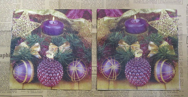 Paper Napkins (Pack of 2) Christmas Purple and Gold Baubles