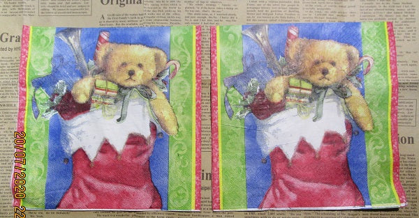 Paper Napkins (Pack of 2) Teddybear in stocking with Presents
