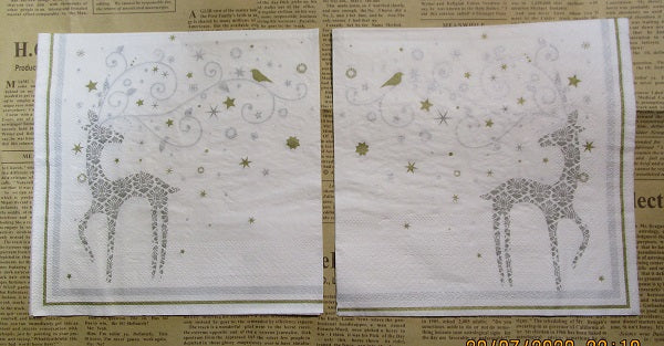 Paper Napkins (Pack of 2) Silver and White Reindeer Swirls Birds