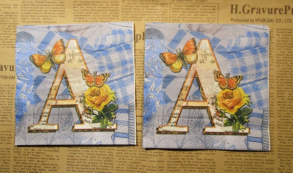 Paper Napkins (Pack of 2) Decorative Letters A Butterfly and Yellow Roses