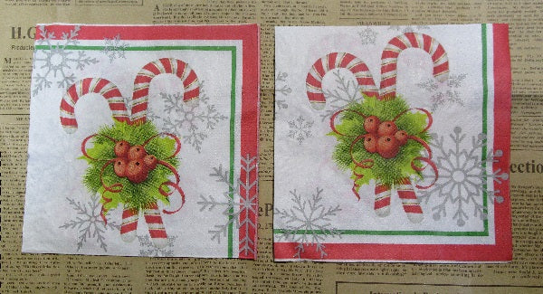 Paper Napkins (Pack of 2) Christmas Candy Cane Snow Flakes and Holly