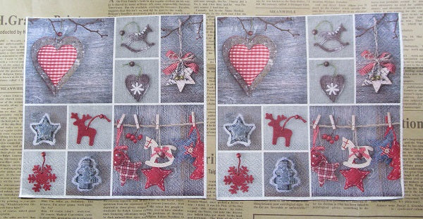 Paper Napkins (Pack of 2) Christmas Hearts Reindeer Rocking Horse Folk Art
