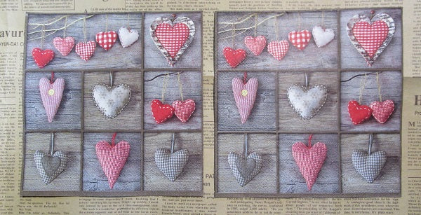 Paper Napkins (Pack of 2) Christmas Hearts Sewn Hearts Wooden Background