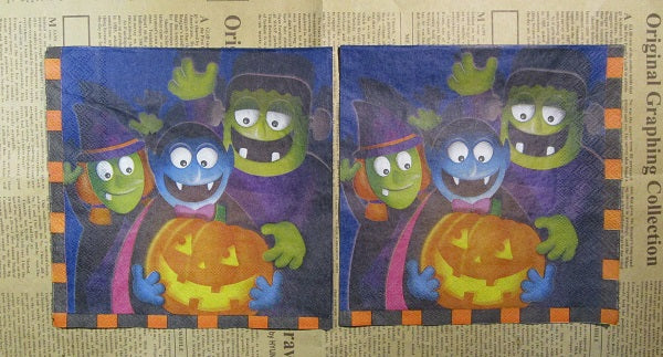 Paper Napkins (Pack of 2) Halloween Pumpkin with Wirches Frankenstein and Dracular.