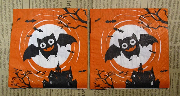 Paper Napkins (Pack of 2) Halloween Bats Moon Spooky house Orange and White