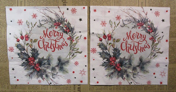 Paper Napkins (Pack of 2) Christmas Wreath Holly and Berries