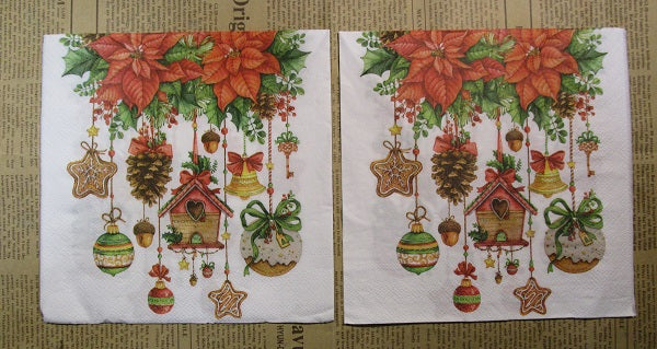 Paper Napkins (Pack of 2) Christmas poinsettia Pine Cones Pudding House