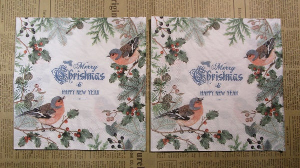 Paper Napkins (Pack of 2) Christmas Holly Red Bird Merry Christmas