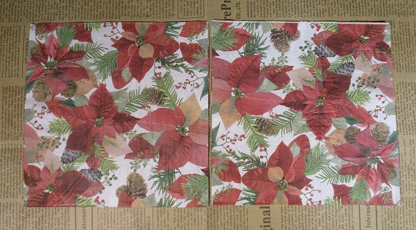 Paper Napkins (Pack of 2) Christmas Poinsettia Red and Green Florals