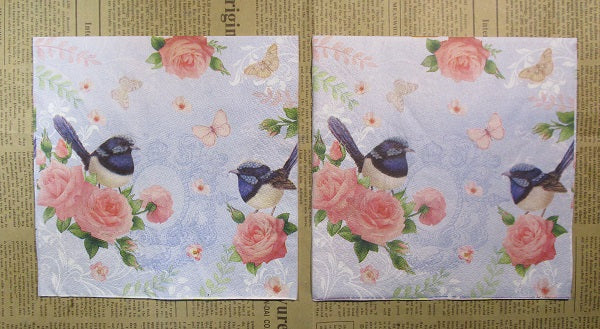 Paper Napkins (Pack of 2) Red Roses Blue Wren Butterfly Blue Background