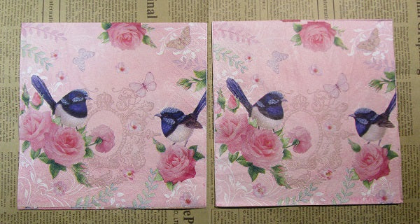 Paper Napkins (Pack of 2) Red Roses Blue Wren Butterfly Pink Background