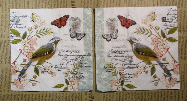 Paper Napkins (Pack of 2) Bird Butterfly Florals white FLowers