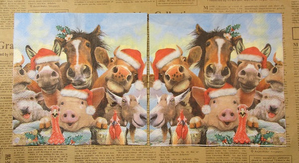 Paper Napkins (Pack of 2) Christmas Horse Pig Cow with Santa Hat