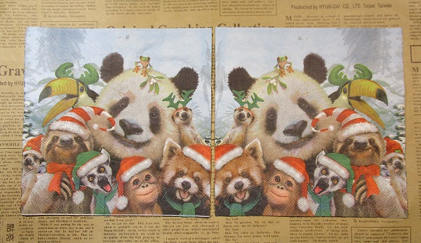 Paper Napkins (Pack of 2) Christmas Panda Toucan Monkey Sloth With Santa Hats