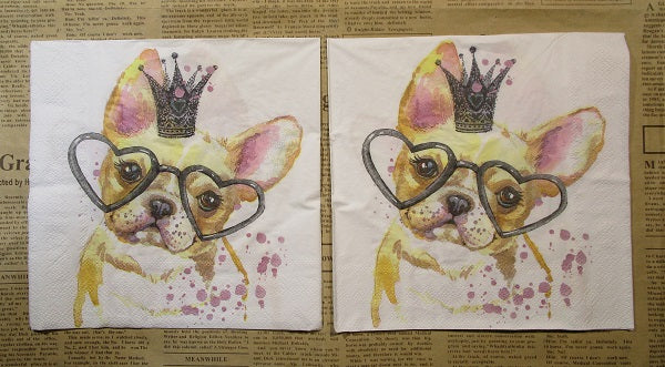 Paper Napkins (Pack of 2) Dogs Chihuahuawith Glasses and Crown So Cute