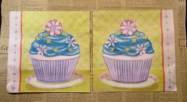 Paper Napkins (Pack of 2) Cupcake Purple Blue with Flowers Border