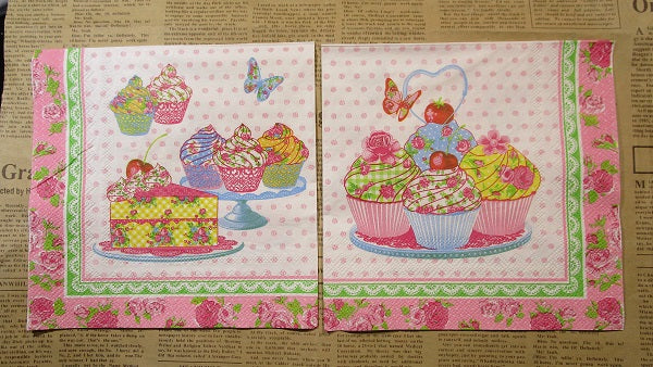 Paper Napkins (Pack of 2) Cup cakes Cake Slice Butterfly Flowers Borders