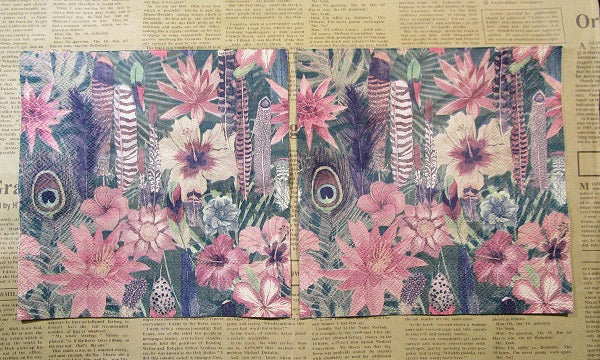 Paper Napkins (Pack of 2) Pink Flowers Peacock and Zebra Feathers Tropical