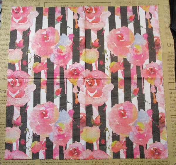 Paper Napkins (Pack of 2) Florals with Black Stripes Water Colour Flowers