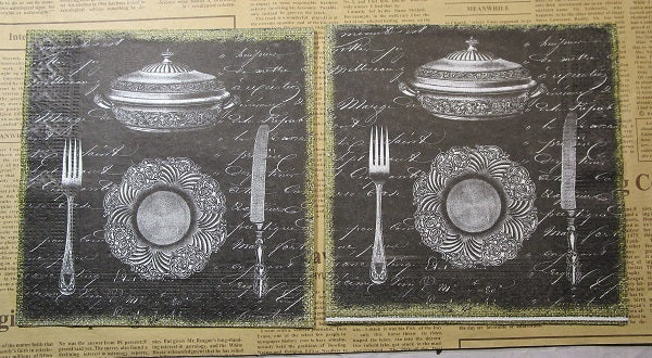 Paper Napkins (Pack of 2) Black Writing Fork Knife and Plates