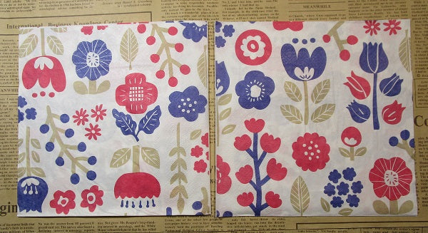 Paper Napkins (Pack of 2) Folk Art Pattern Flowers Red Blue Kraft