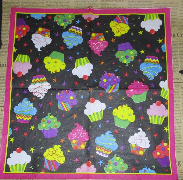 Paper Napkins (Pack of 2) Colourful Cupcakes on Black