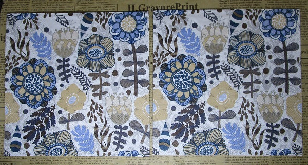 Paper Napkins (Pack of 2) Funky Abstract Flowers Blue & Tan