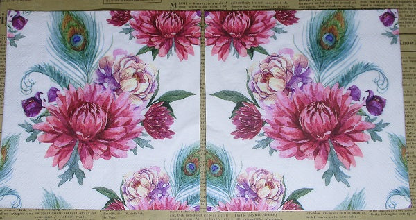 Paper Napkins (Pack of 2) Pink Flowers and Peacock Feathers