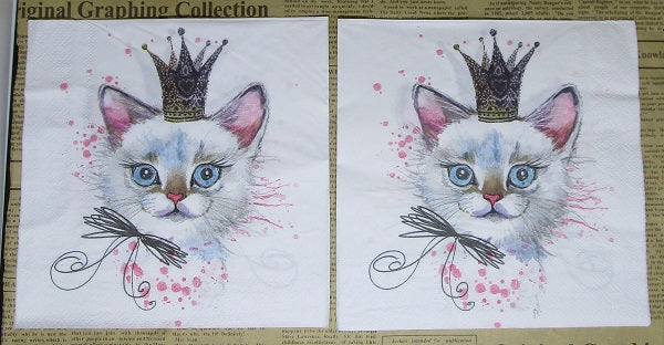 Paper Napkins (Pack of 2) Cute Cat with Crown and Bow