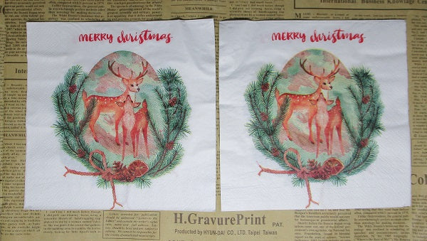 Paper Napkins (Pack of 2) Merry Christmas With Deer and Baby Pink Cones