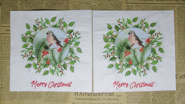 Paper Napkins (Pack of 2) Merry Christmas With Bird and Beautiful Foliage