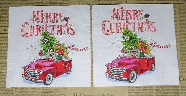 Paper Napkins (Pack of 2) Merry Christmas Old Fashioned Red Truck with Tree and Dog