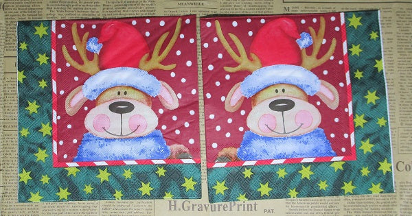 Paper Napkins (Pack of 2) Reindeer with Christmas Hat Star Border Spots