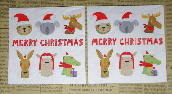 Paper Napkins (Pack of 2) Aussie Christmas Sloth Koala Moose Kangaroo Lama Alligator Christmas Hats Merry Christmas
