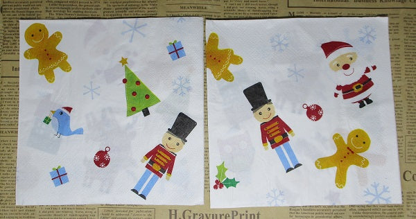 Paper Napkins (Pack of 2) Christmas Mini Images Gingerbread man Bird Toy Solider Bauble Present snowflakes