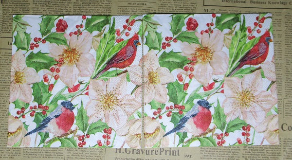 Paper Napkins (Pack of 2) Red Bird Christmas Beautiful Flowers and Berries