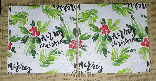 Paper Napkins (Pack of 2) Merry Christmas Painted Look Pine and Berries