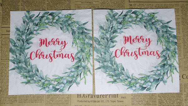 Paper Napkins (Pack of 2) Merry Christmas with Foliage Wreath and Berries