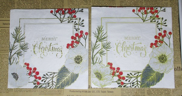 Paper Napkins (Pack of 2) Merry Christmas Beautiful Florals with Berries and Foil