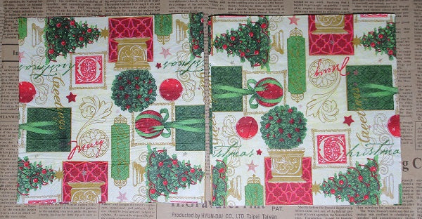 Paper Napkins (Pack of 2) Greetings Collage Baubles Flourishes Tree Ornate Letters Red and Green