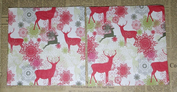 Paper Napkins (Pack of 2) Reindeers and Snowflakes, Gold Brown and Red Collage