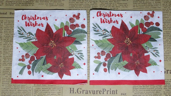 Paper Napkins (Pack of 2) Christmas Wishes Red and Green Poinsettias Cocktail