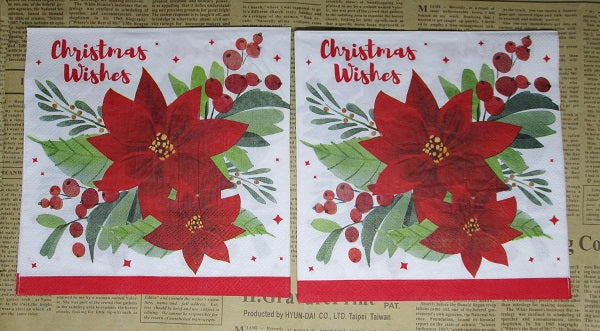 Paper Napkins (Pack of 2) Christmas Wishes Red and Green Poinsettias