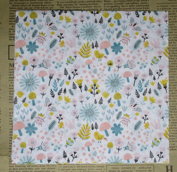 Paper Napkins (Pack of 2) Pastel Flowers Bugs Butterfly Chicks