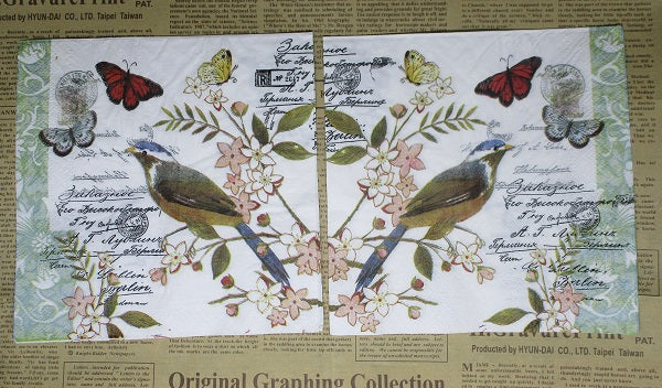 Paper Napkins (Pack of 2) Bird Butterfly Florals Writing